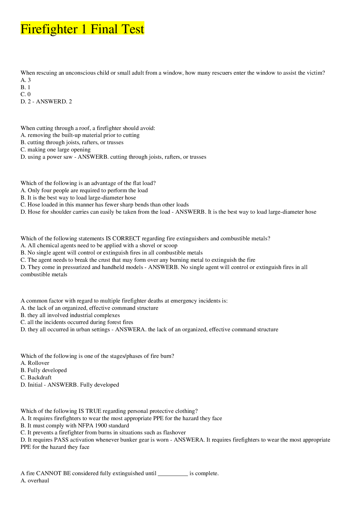 Preview image of Firefighter 1 Final Test 2022 document